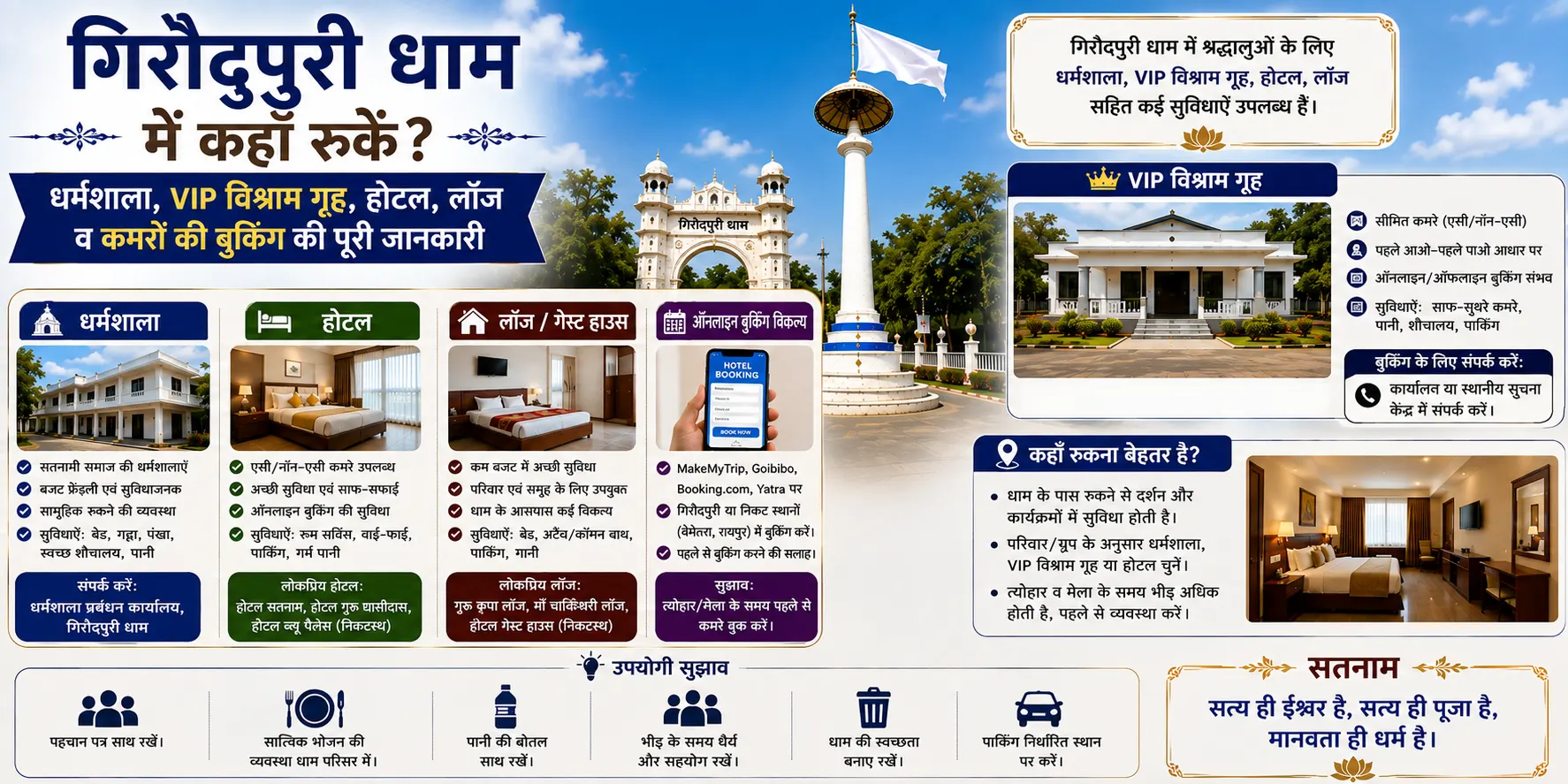 गिरौदपुरी धाम में कहाँ रुकें? (धर्मशाला, VIP विश्राम गृह, होटल, लॉज व कमरों की बुकिंग)